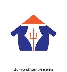 Diseño del logotipo del vector de tridente de la pluma. Trident y nib con la ilustración de iconos de casa.