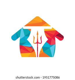Pen trident vector logo design. Trident and nib with home icon illustration.