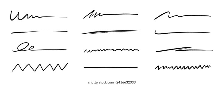 Pen underline line stroke, marker scribble. Hand drawn mark, brush drawn curve, doodle sketch vector. Pen text underline, handwritten doodle elements, lettering emphasis. Vector illustration.