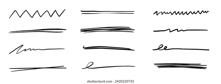 Pen underline line stroke, marker scribble. Hand drawn mark, brush drawn curve, doodle sketch vector. Pen text underline, handwritten doodle elements, lettering emphasis. Vector illustration.