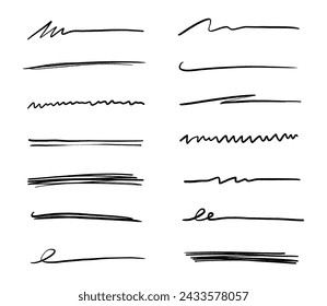 Trazo de línea de subrayado de pluma, garabato de marcador. Marca dibujada a mano, pincel dibujado curva, doodle boceto vector. Subrayado del texto de la pluma, elementos de garabato manuscritos, énfasis de letras. Ilustración vectorial.
