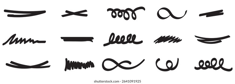 Pen underline line stroke, marker scribble. Hand drawn mark, brush drawn curve, doodle sketch vector. Swift crossed and wavy underlines. Underline markers collection. eps 10