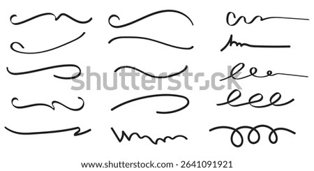 Pen underline line stroke, marker scribble. Hand drawn mark, brush drawn curve, doodle sketch vector. Swift crossed and wavy underlines. Underline markers collection. eps 10