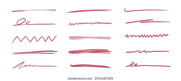 Pen underline line stroke, red marker scribble. Hand drawn mark, brush drawn curve, doodle sketch vector. Red pen text underline, handwritten doodle elements, lettering emphasis. Vector illustration