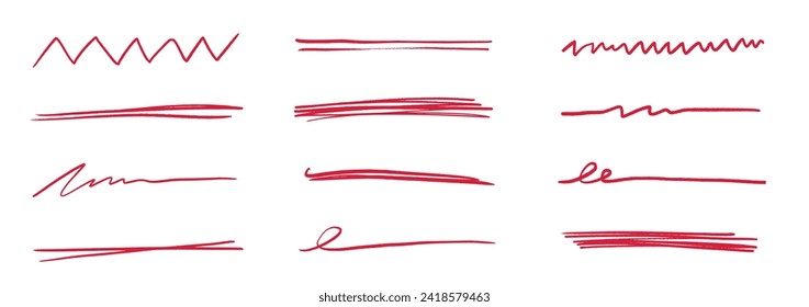 Pulsación de la pluma de subrayado, garabato de marcador rojo. Marca dibujada a mano, curva dibujada con pincel, vector de esbozo con doodle. El texto rojo de la pluma subraya, los elementos del doodle manuscritos, el énfasis grabado. Ilustración del vector