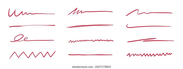 Trazo de línea de subrayado de pluma, garabato de marcador rojo. Marca dibujada a mano, pincel dibujado curva, doodle boceto vector. Subrayado de texto de pluma roja, elementos de garabato manuscritos, énfasis de letras. Ilustración de vector