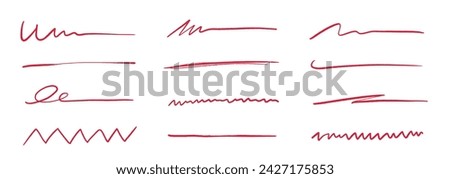 Pen underline line stroke, red marker scribble. Hand drawn mark, brush drawn curve, doodle sketch vector. Red pen text underline, handwritten doodle elements, lettering emphasis. Vector illustration