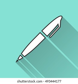 Pen vector icon with long shadow. Illustration isolated on green background for graphic and web design.
