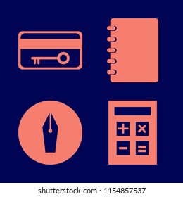 pen vector icons set. with calculator, fountain pen, notebook and key card in set