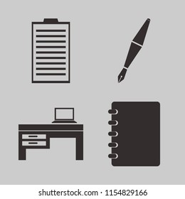 pen vector icons set. with fountain pen, laptop desk, notebook and medical report in set