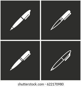 Pen vector icons set. White illustration on a black background for graphic and web design.