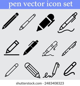 Pen vector icons. Simple illustration set of 9 pen elements, editable icons, can be used in logo, UI and web design
