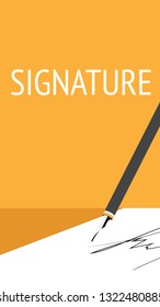 A pen while being sign the signature on the white paper with background of orange warm color - text signature on the copy space