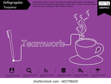 Pen Write Graphic line Text Teamwork,  with Coffee Cup  Modern design Idea and Concept Vector illustration Business Infographic template.