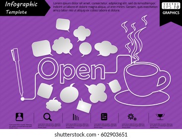 Pen Write Graphic line Text Open,  with Coffee Cup  and Speech bubbles Modern design Idea and Concept  Vector illustration Business Infographic template.