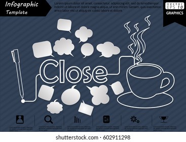 Pen Write Graphic line Text Close, with Coffee Cup  and Speech bubbles Modern design Idea and Concept  Vector illustration Business Infographic template.