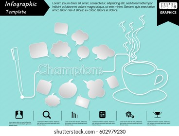 Pen Write Graphic line Text Champions,  with Coffee Cup  and Speech bubbles Modern design Idea and Concept  Vector illustration Business Infographic template.