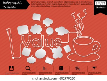 Pen Write Graphic line Text Value,  with Coffee Cup  and Speech bubbles Modern design Idea and Concept  Vector illustration Business Infographic template.