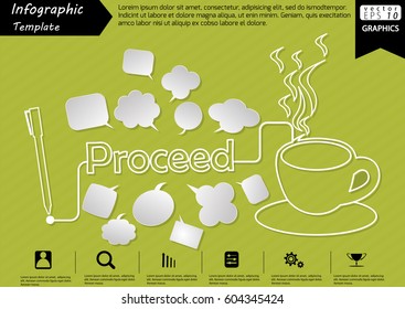Pen Write Graphic line Text Proceed,  with Coffee Cup  and Speech bubbles Modern design Idea and Concept  Vector illustration Business Infographic template.
