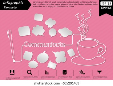 Pen Write Graphic line Text Communicate,  with Coffee Cup  and Speech bubbles Modern design Idea and Concept  Vector illustration Business Infographic template.
