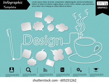 Pen Write Graphic line Text Design,  with Coffee Cup  and Speech bubbles Modern design Idea and Concept  Vector illustration Business Infographic template.