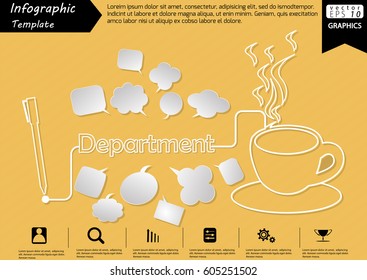 Pen Write Graphic line Text Department,  with Coffee Cup  and Speech bubbles Modern design Idea and Concept  Vector illustration Business Infographic template.