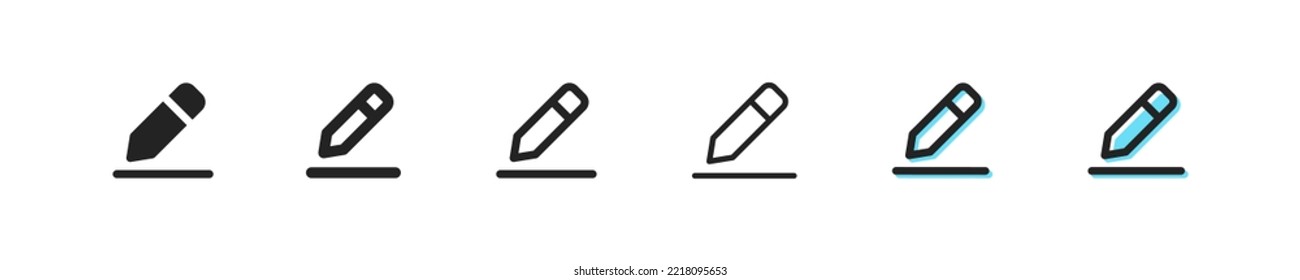 Pen write icon. Vector pencil symbol. Simple draw outline signs. edit element set. Pen writing line web sign. Phone button, thin text, write down flat icons