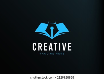 Pen Write on Book Logo. Vintage Modern Negative space Logo Design Template