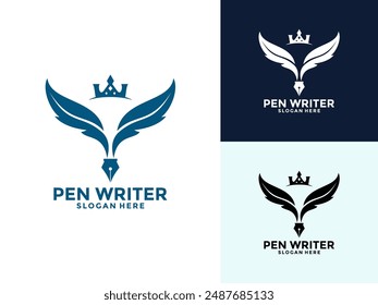 Pen Writer with Feather Wings and Crown logo design, Feather quill pen author logo design template