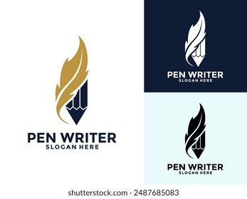 Pen Writer logo design, Feather quill with pencil author logo design icon