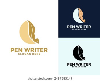 Pen Writer logo design, Feather quill with pencil author logo design icon