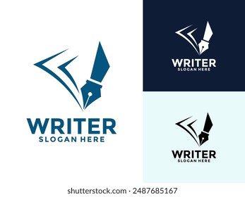 Pen Writer logo design, pen with paper vector, author logo design icon