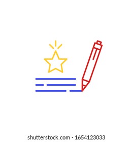 pen writes feedback and rating icon. concept of fast expression of opinion or loyalty answer on website from happy user. simple design. color abstract text with star and pencil on white background