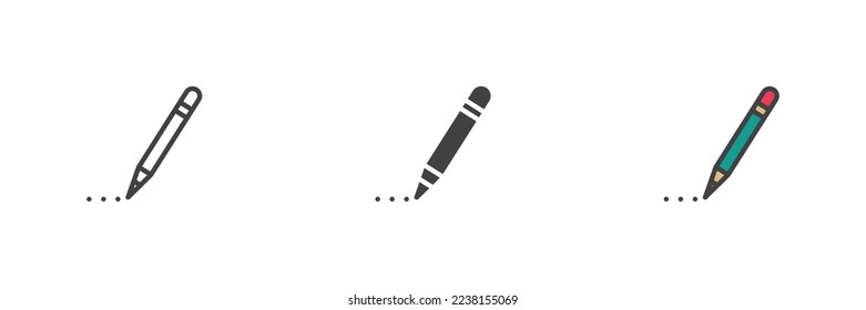 La pluma está escribiendo un conjunto de iconos de estilo diferente. Línea, glifo y contorno relleno versión colorida, contorno y signo vectorial relleno. Símbolo, ilustración del logotipo. Gráficos vectoriales