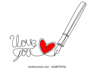 Pen writing I love you. Greeting vector illustration for Valentine day. continuous line drawing