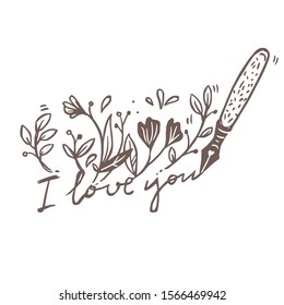 Pen writing I love you with growing flower bouquet, plants, foliage and leaves from letters. Greeting vector illustration for Valentine day. Creative and trendy concept for logo, label or emblem