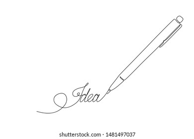 Pen writing new idea in continuous line art drawing style. Minimalist black line sketch on white background. Vector illustration