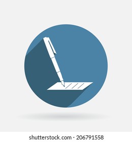 pen writing on a sheet. Circle blue icon with shadow