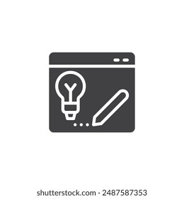 Escritura en lápiz en una página de Web con un ícono de Vector de bombilla. signo plano relleno para concepto móvil y Diseño web. Icono de glifo Marketing de contenido. Símbolo, ilustración del logotipo. Vector gráfico