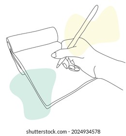 Pen in writing position in the hand is placed on the notepad. Hand-drawn vector line art with abstract color spots.