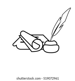 Pen for writing, seal and twisted paper roll. Vector icon illustration for web, mobile and infographics