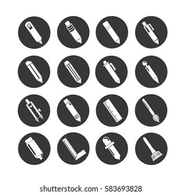 pen and writing tool icon set in circle button