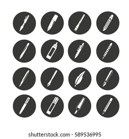 pen and writing tool icon set in circle buttons