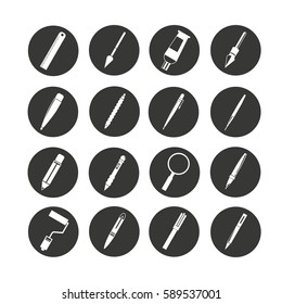 pen and writing tool icon set in circle buttons