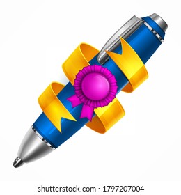 Pen with yellow ribbon for design on white. Vector illustration.