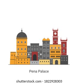 Palacio Pena (Palacio Nacional da Pena) en Sintra, Lisboa, Portugal. Un punto de referencia mundial aislado en un fondo blanco. Viaje a España. Destino turístico. Ilustración plana del vector