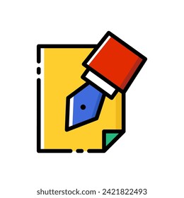 Pena and paper colourful vector icon. Notepad icon.