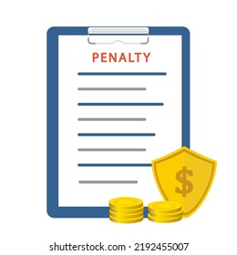 Penalty document icon with shield. Vector cartoon illustration