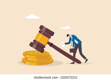Penalty fine to pay for prohibited legal, charge and expense punishment notice, traffic charge bill concept, sad man holding fine notice with law gavel on top of money coins stack.