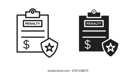 Icono de penalización en un diseño de Vector de trazo negro y versión plana sólida sobre fondo blanco